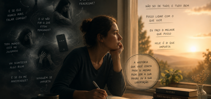 Pessoa em reflexão simbolizando ansiedade, pensamentos negativos e a construção de narrativas sobre a própria vida.